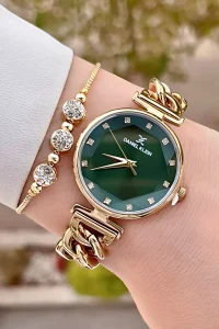 قیمت ساعت زنانه دنیل کلین بند زنجیری طلایی با صفحه سبز